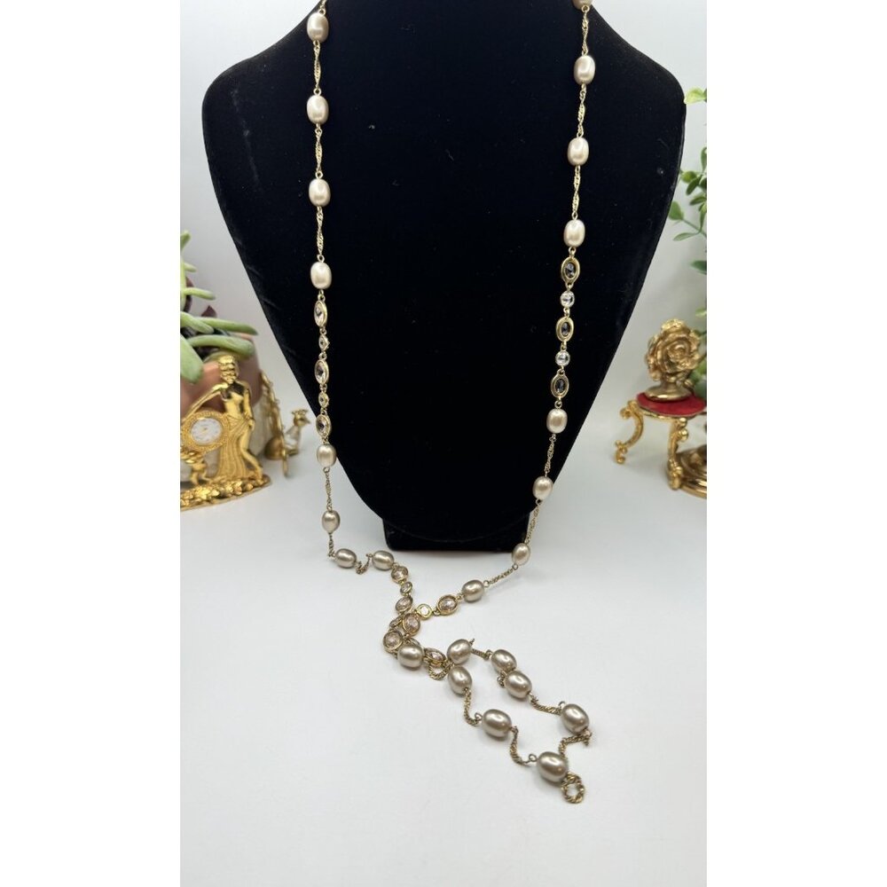 Vintage Yellow Gold Filled Bezel Set Clear Crystals Faux Pearl Necklace Monet